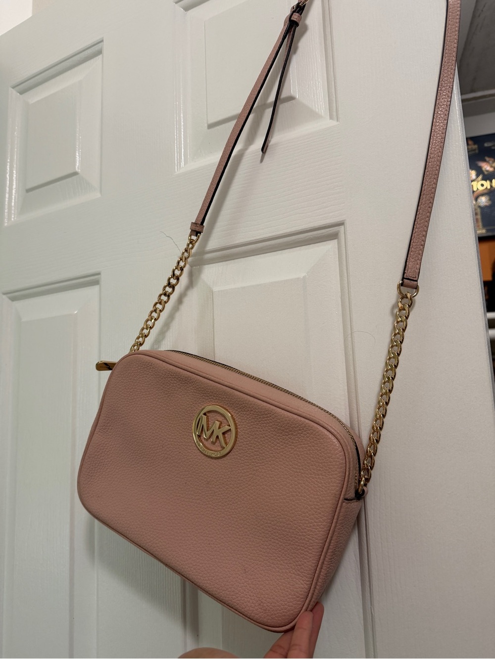 Michael Kors Blush Pink Pebbled Leather Crossbody with Gold Chain